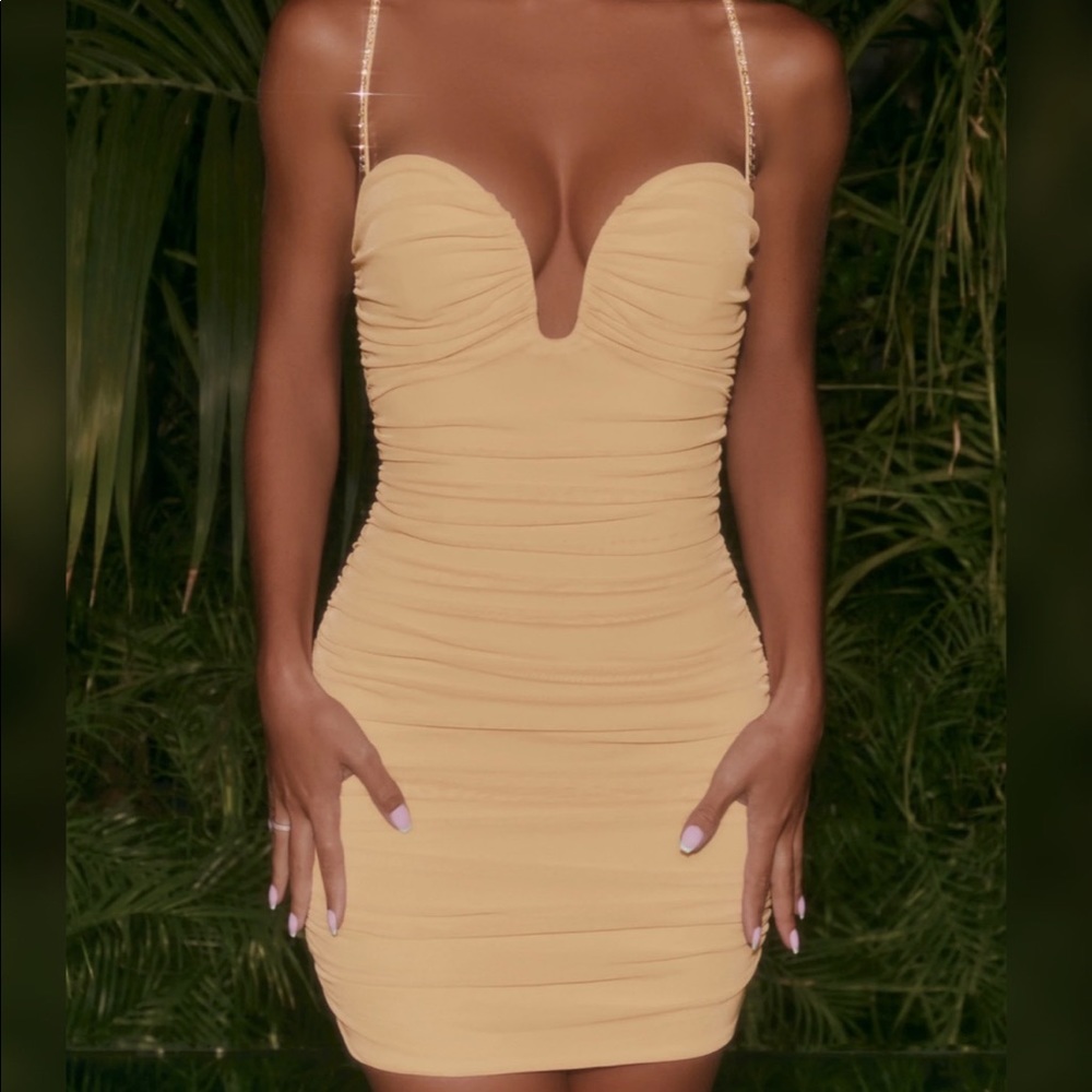 Plunged Ruched Mesh Mini Dress Beige